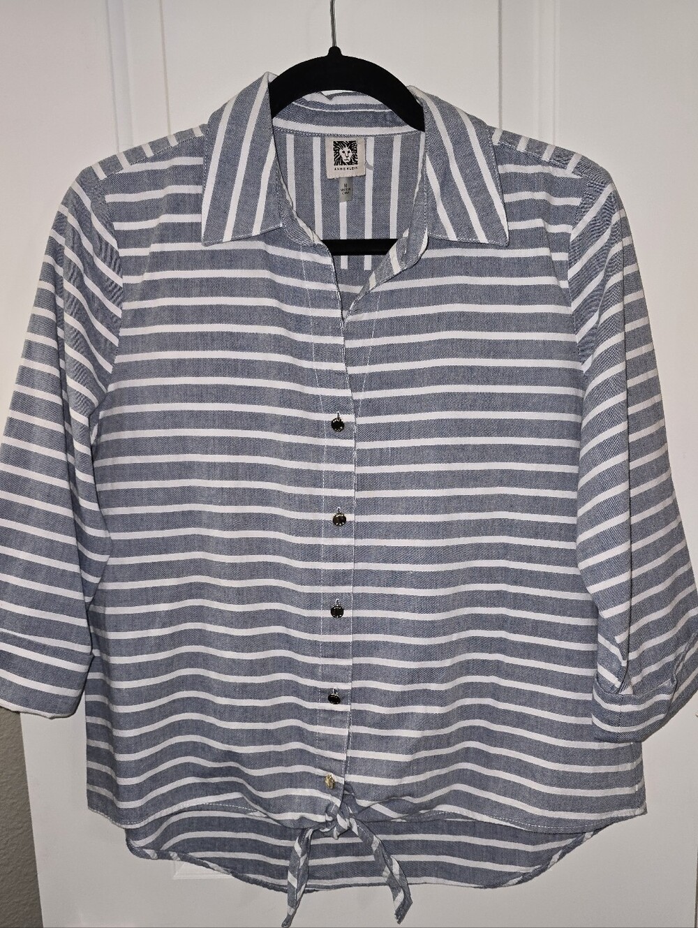 Anne Klein Grey White Striped Tie Front Shirt Roll Tab Sleeves M